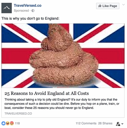 Werbung: "25 reasons to avoid England at all cost."